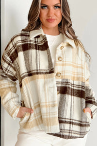 Cream Brown Plaid Button Up Lightweight Jacket