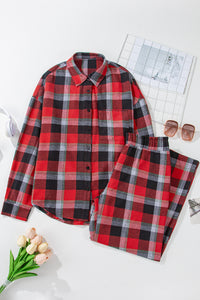 Red Christmas Plaid Pattern Loose Shirt and Pants Lounge Set