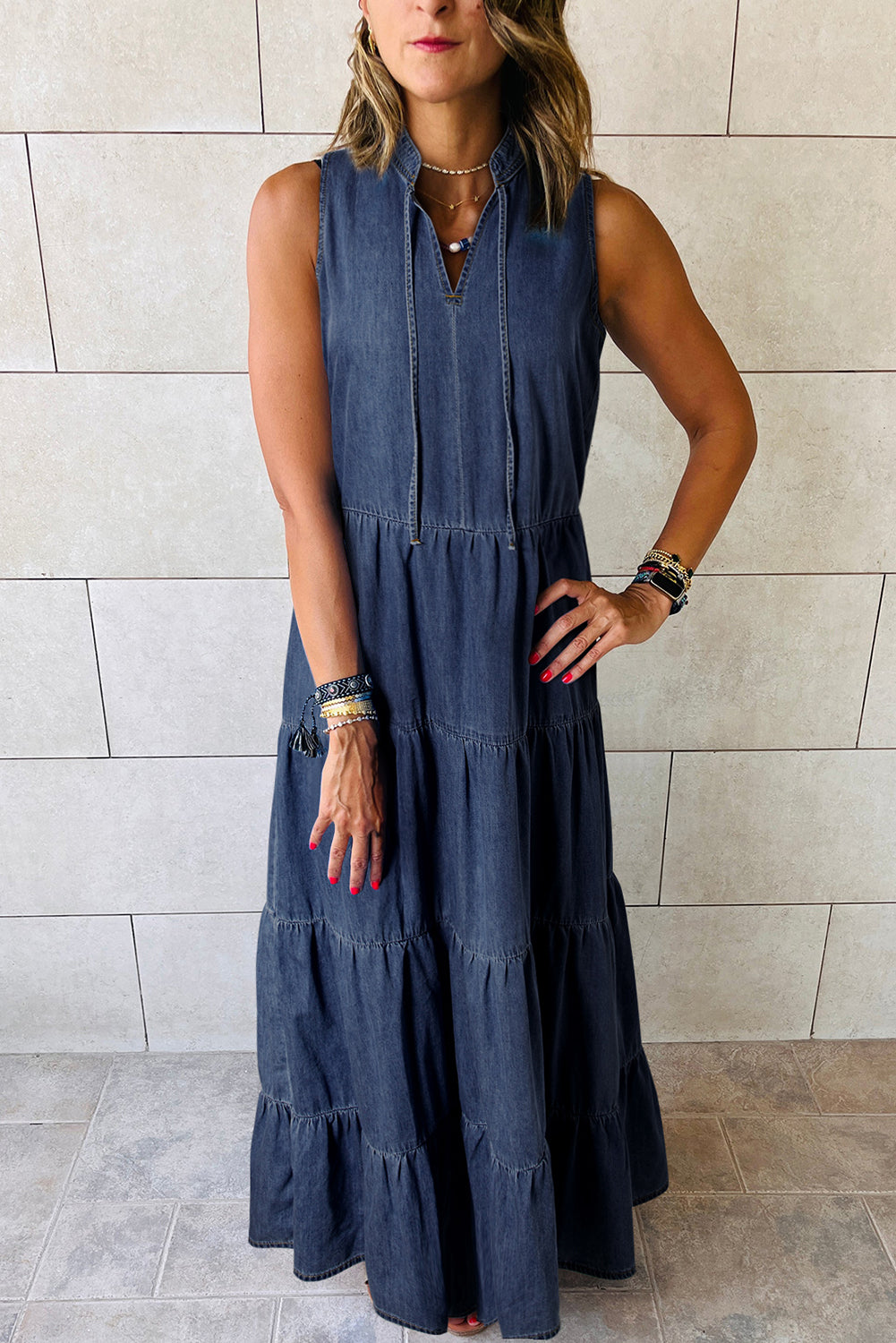 Dark Chambray Sleeveless Tiered Maxi Dress