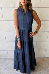 Dark Chambray Sleeveless Tiered Maxi Dress