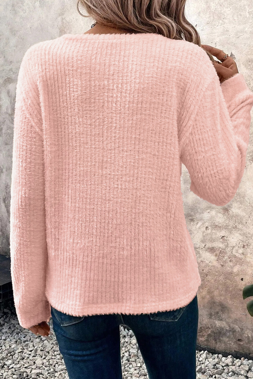 Light Pink Fuzzy Textured Dropped Shoulder Knit Top