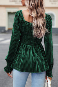 Velour Square Neck Smocked Long-sleeve Babydoll Top