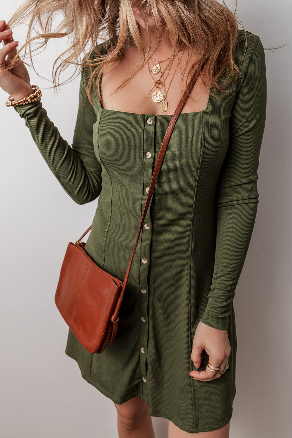 Avocado Rib Knit Square Neck Buttoned Long Sleeve Mini Dress