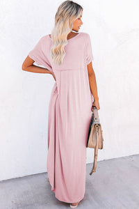 Pink V-Neck Side Split Maxi T-shirt Dress with Pockets