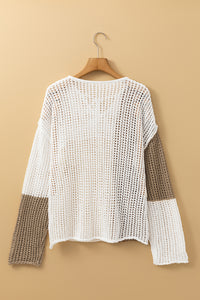 Tan and Cream Colorblock Tie V-Neck Lightweight Open Crochet Sweater