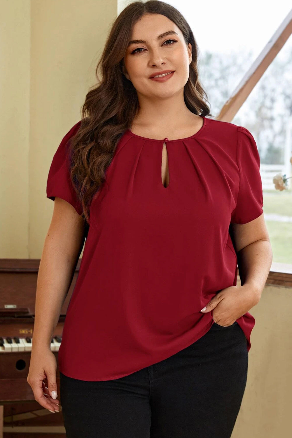 Red Keyhole Pleated Crew Neck Plus Size Short Sleeve Blouse