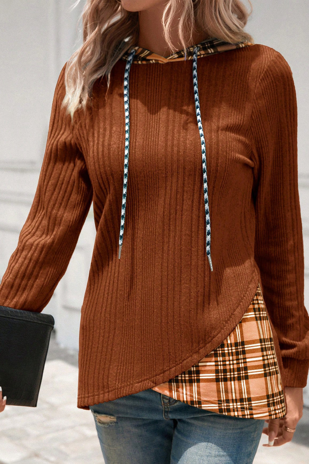 Rust Brown Plaid Patchwork Hooded Textured Knit Shirt
