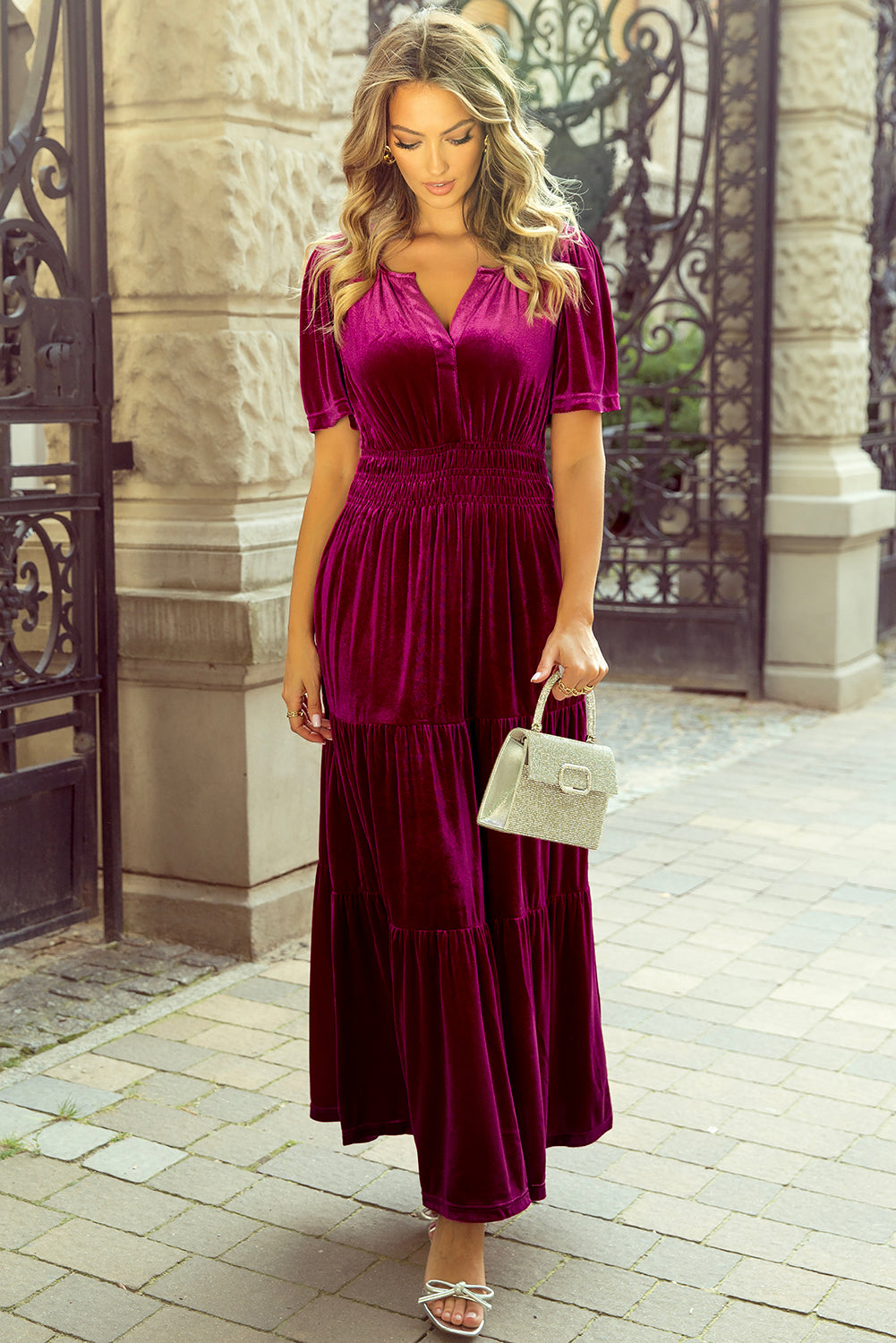 Magenta Velour Short Sleeve Shirred Waist Tiered Maxi Dress