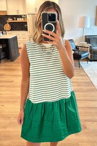 Green Stripe Drop Waist Ruffled Sleeveless Mini Dress