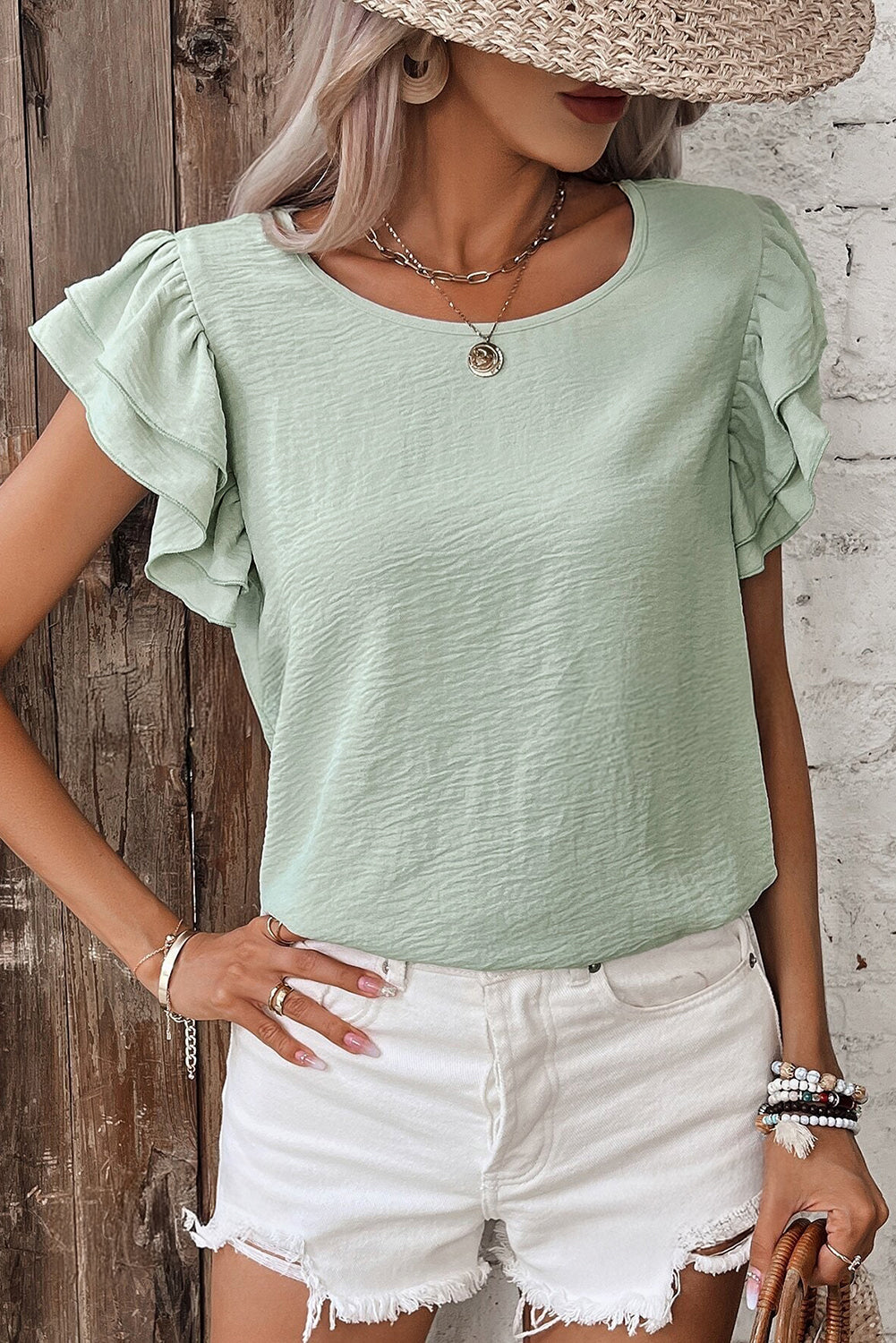 Sage Ruffled Cap Sleeve Textured Blouse