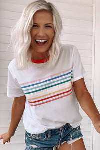 White Rainbow Stripe Print Red Trim Crew Neck T-Shirt