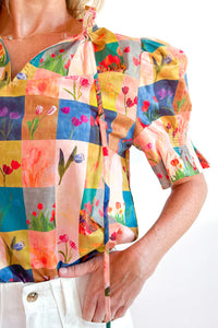 Multicolor Floral Block Design Ruffly Short Sleeve Blouse