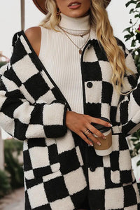 Black and White Checkered Button Up Collard Fleece Coat