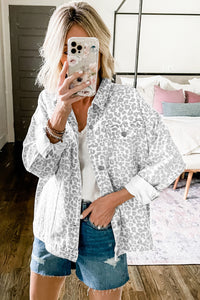 White & Gray Leopard Print Button Down Denim Jacket