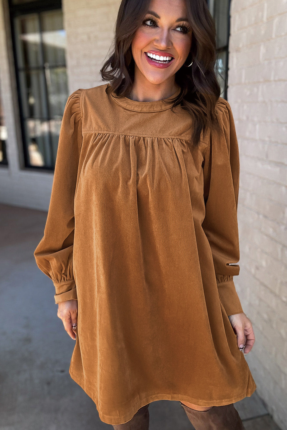 Golden Brown Corduroy Pleated Puff Sleeve Shift Dress