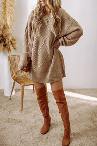 Beige Cable Knit Drop Shoulder Loose Fit Sweater Dress