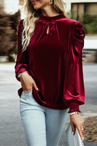 Burgundy Tie Back Neck Ruffled Sleeve Velour Blouse