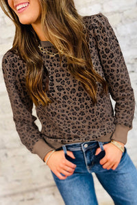 Brown Textured Leopard Print Puckered Shoulder Long Sleeve Top