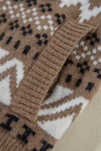 Light Brown Western Aztec Design Full Zip Collared Sweater