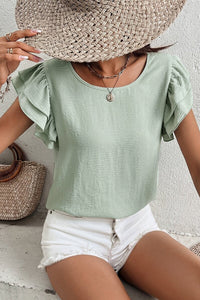 Sage Ruffled Cap Sleeve Textured Blouse