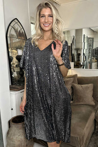 Charcoal Sequin V-Neck Dolman Sleeve Shift Dress