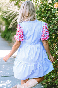 Sky Blue Stripe Embroidered Floral Puff Sleeve Tiered Ruffle Dress with Pockets