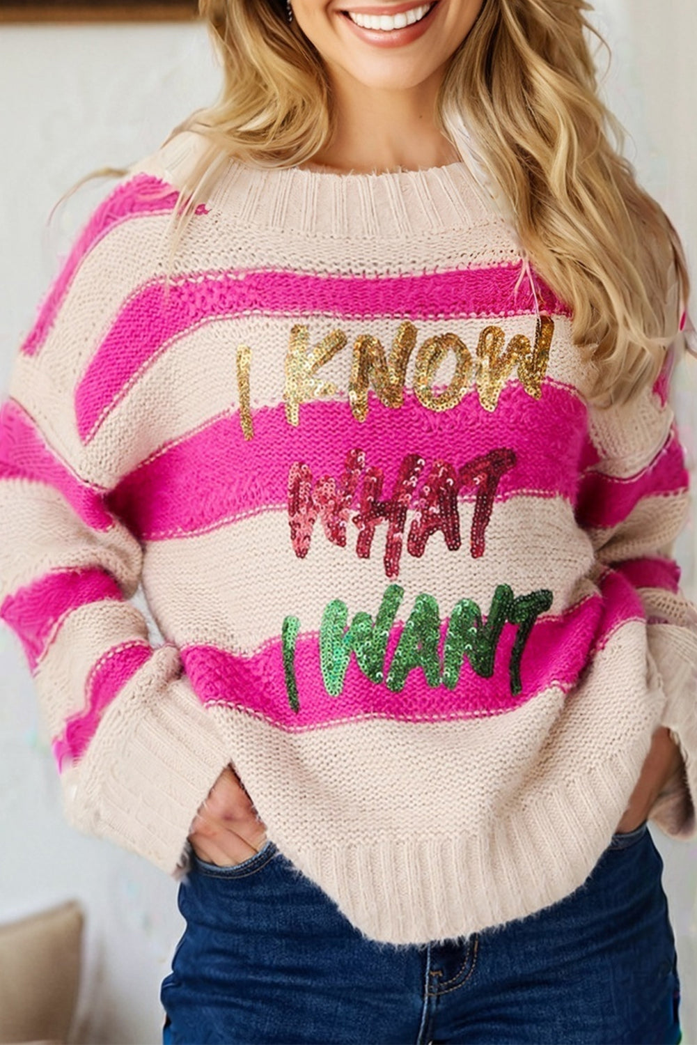 Fuchsia Pink Striped I KNOW WHAT I WANT Sequined Sweater
