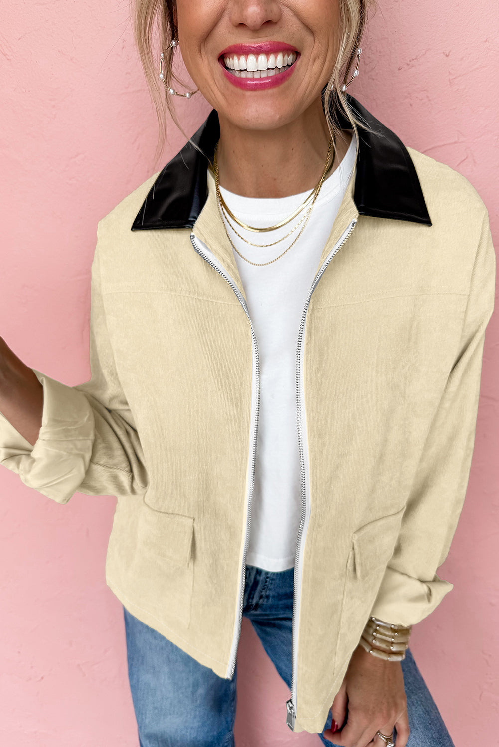 Light Beige Faux Black Leather Collar Zip Up Corduroy Jacket