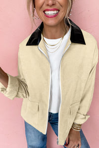 Light Beige Faux Black Leather Collar Zip Up Corduroy Jacket