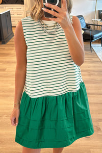 Green Stripe Drop Waist Ruffled Sleeveless Mini Dress