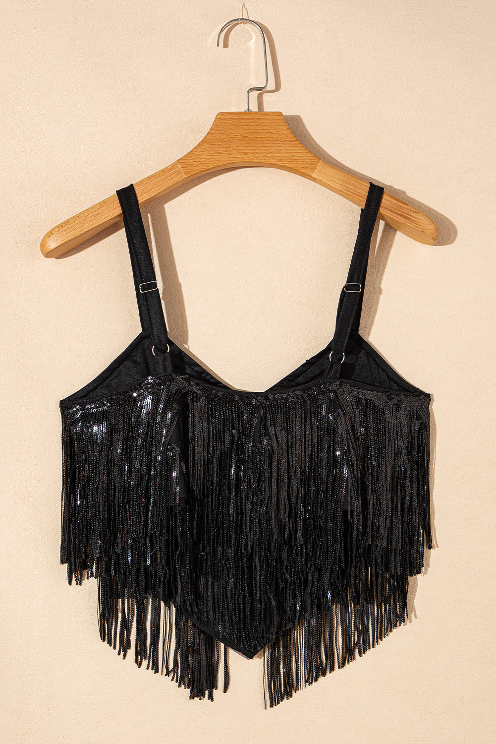 Black Sequined Fringe Cropped Strappy Tank Top