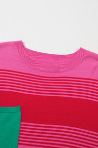 Pink Red Green Striped Drop Shoulder Knit Sweater