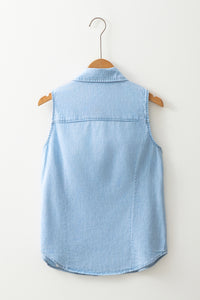 Light Blue Denim Button Up Collared Sleeveless Shirt