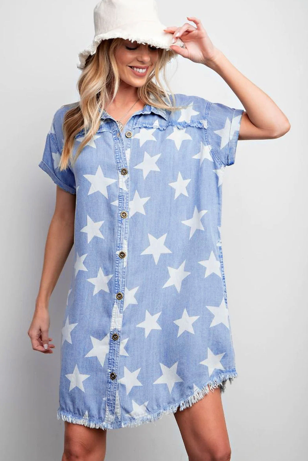 Sky Blue White Stars Frayed Hem Collared Short Sleeve Denim Shirt Dress