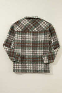 Green & Brown Plaid Button Down Shacket with Chest Flap Pockets