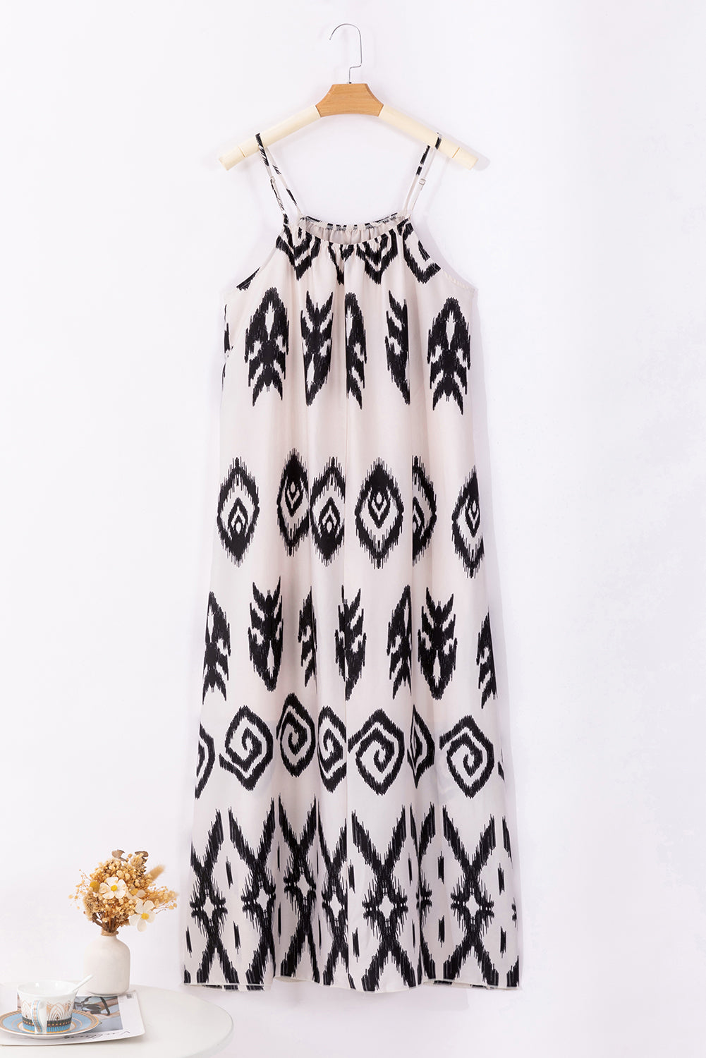 White and Black Western  Aztec Printed Strappy Maxi Sundress