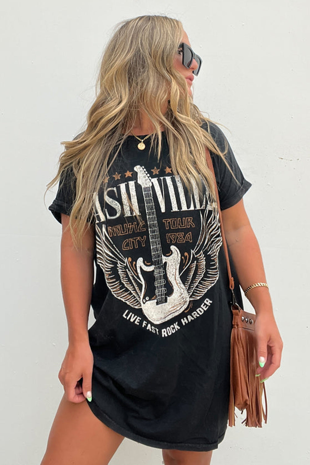 Black Nashville Guitar Print Crew Neck T-Shirt Mini Dress