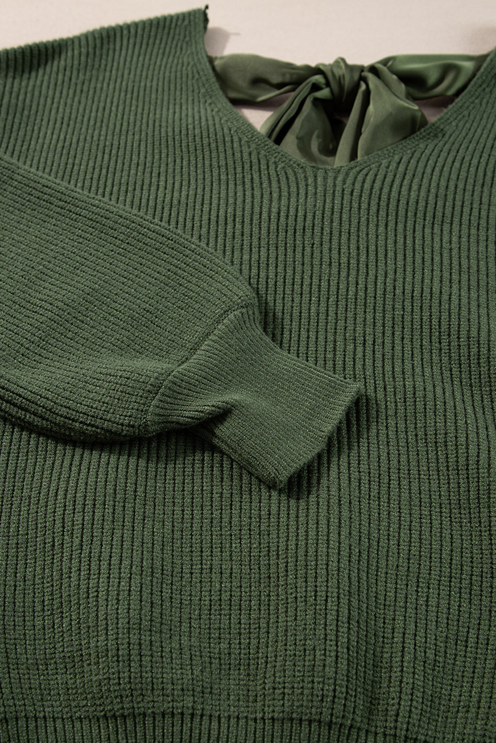 Pine Green Lantern Sleeve V-Neck Tied Open Back Knit Sweater