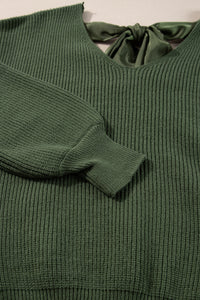 Pine Green Lantern Sleeve V-Neck Tied Open Back Knit Sweater