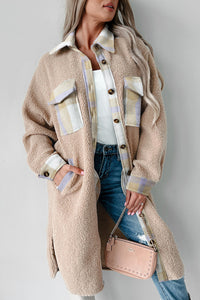 Beige Plaid Patchwork Collared Button-up Sherpa Long Coat