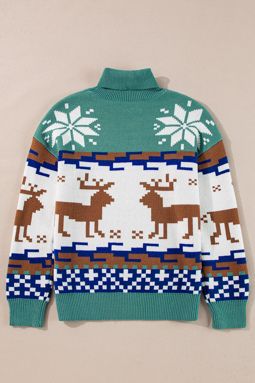 Teal Christmas Reindeer Snowflake Turtleneck Sweater