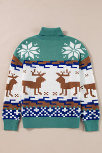 Teal Christmas Reindeer Snowflake Turtleneck Sweater