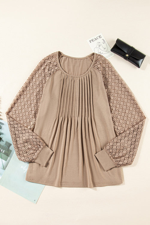 Lace Raglan Long Sleeve Pleated Flowy Knit Top