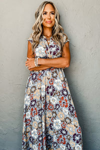 Khaki and Blue Floral Sleeveless V-neck Pocketed Wide Leg Jumpsuit