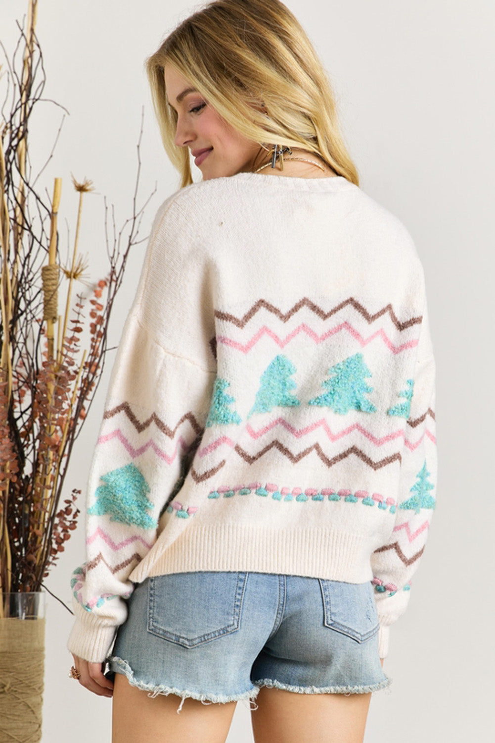 Pink & Tan Chevron Stripes with Turquoise Trees Design Knit Sweater