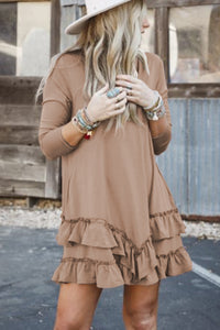 Light Brown Scoop Neck Tiered Ruffled Hem Long Sleeve Mini Dress