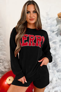 Black Corded MERRY Graphic Long Sleeve Top and Shorts Set