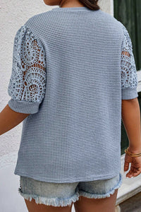 Blue Plus Size Textured Knit Lace Sleeve Tee