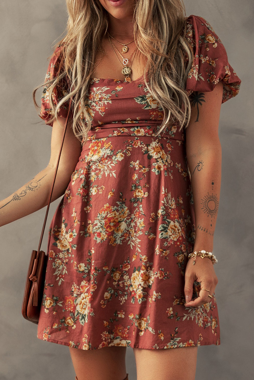 Rust Floral Puff Sleeve Square Neck Knot Open Back Mini Dress
