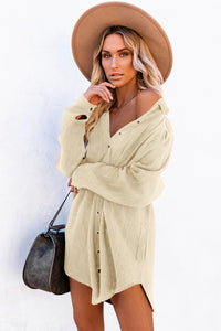 Beige Corduroy Button Down Long Sleeve Mini Shirt Dress